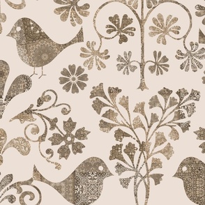 Patchwork Birds And Florals Scandinavian Folk Art Pattern Brown Beige Large Scale