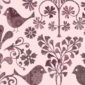 Patchwork Birds And Florals Scandinavian Folk Art Pattern Pastel Pink Large Scale