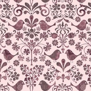 Patchwork Birds And Florals Scandinavian Folk Art Pattern Pastel Pink Medium Scale