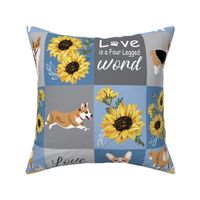 Corgi & Sunflowers Quilt Blanket  blue and grey