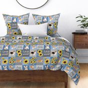Corgi & Sunflowers Quilt Blanket  blue and grey