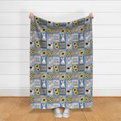 Corgi & Sunflowers Quilt Blanket  blue and grey