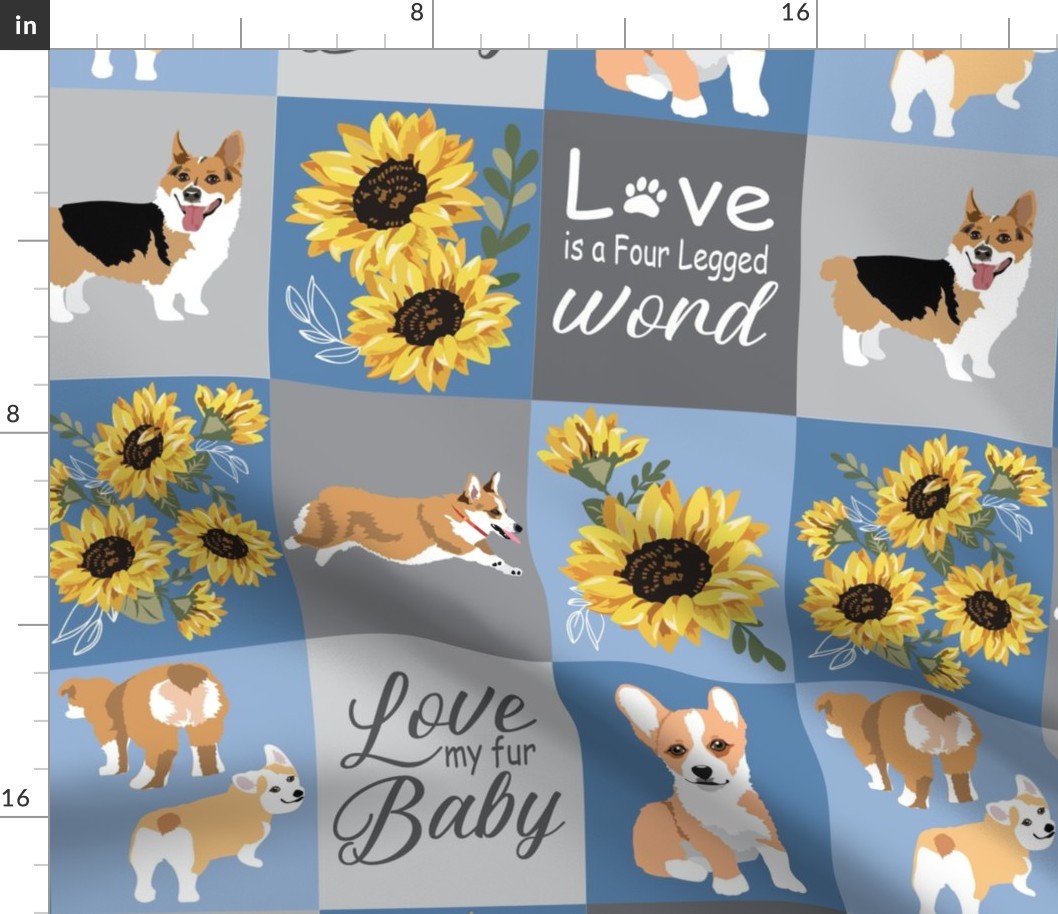 Corgi & Sunflowers Quilt Blanket  blue and grey