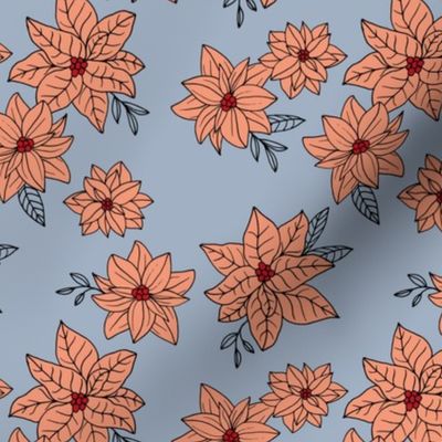 Vintage poinsettia flowers - Christmas boho blossom floral design with leaves peach orange on moody blue