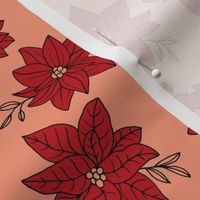 Vintage poinsettia flowers - Christmas boho blossom floral design with leaves ruby red on peach orange