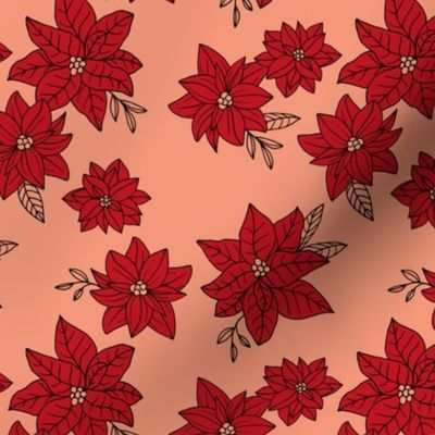 Vintage poinsettia flowers - Christmas boho blossom floral design with leaves ruby red on peach orange