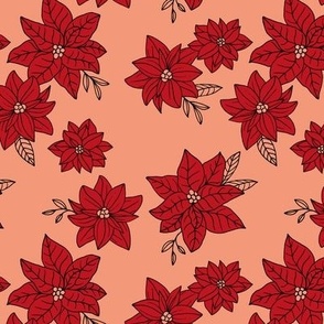 Vintage poinsettia flowers - Christmas boho blossom floral design with leaves ruby red on peach orange