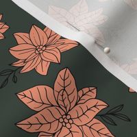 Vintage poinsettia flowers - Christmas boho blossom floral design with leaves peach orange on green