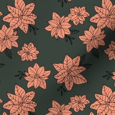 Vintage poinsettia flowers - Christmas boho blossom floral design with leaves peach orange on green