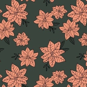 Vintage poinsettia flowers - Christmas boho blossom floral design with leaves peach orange on green