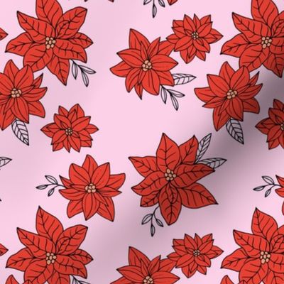 Vintage poinsettia flowers - Christmas boho blossom floral design with leaves ruby red on pink