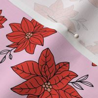 Vintage poinsettia flowers - Christmas boho blossom floral design with leaves ruby red on pink