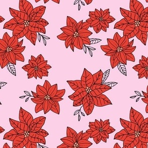 Vintage poinsettia flowers - Christmas boho blossom floral design with leaves ruby red on pink