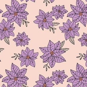 Vintage poinsettia flowers - Christmas boho blossom floral design with leaves lilac purple on blush cream