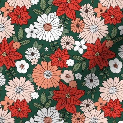 Romantic daisies gardenia and poinsettia Christmas garden - vintage romantic floral botanical leaves and flowers design red blush white on pine green