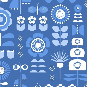 Retro scandi floral garden  - blue - wallpaper and fabric