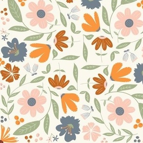 Boho Floral Pattern | Blue Orange Sage Green and Pink