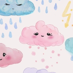 Watercolor clouds. Rain, storm, weather. Colorful, pastel pink, pastel blue, light violet, sunny yellow kawaii clouds. Kawaii faces on white. Raindrops. 