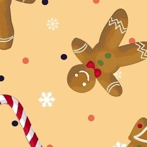Christmas cookies, candy canes and gingerbread men on a vanilla background with red and black polka dots and snowflakes. Large 16 in