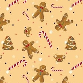 Christmas cookies, candy canes and gingerbread men on a vanilla background with red and black polka dots and snowflakes. Small 4 in