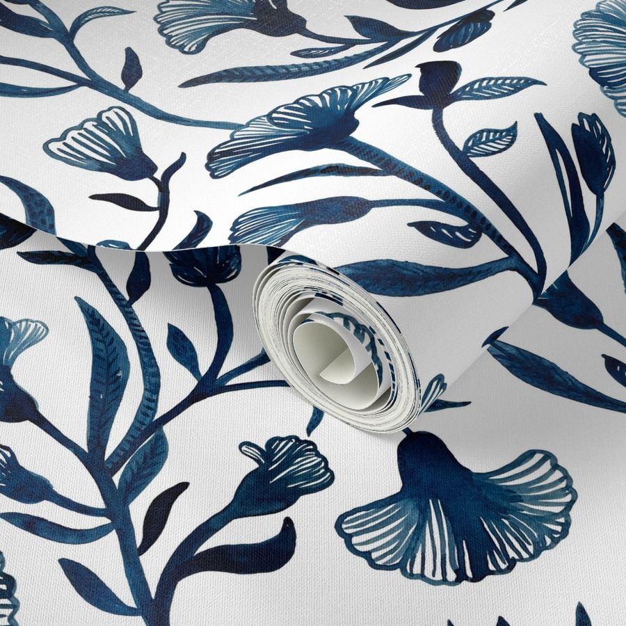 Large - Blue and white Watercolor floral Wallpaper | Spoonflower