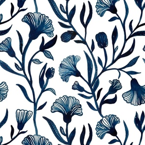 Large - Blue and white Watercolor floral - Monochrome vintage dark prussian blue Chinoiserie china inspired trailing Flowers