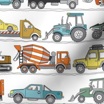 Doodle hand drawn construction trucks on road  