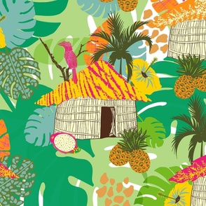 Large scale colorful and whimsical tropical jungle hut print.