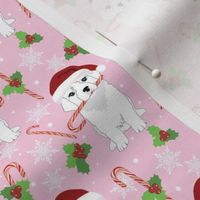 small print // Great Pyrenees Dogs candy cane Santa hat puppies white puppy Christmas dog fabric pink