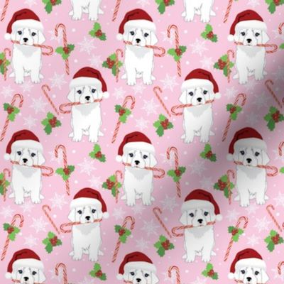 small print // Great Pyrenees Dogs candy cane Santa hat puppies white puppy Christmas dog fabric pink