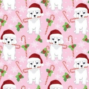 small print // Great Pyrenees Dogs candy cane Santa hat puppies white puppy Christmas dog fabric pink