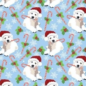 small scale // Great Pyrenees Dog Christmas candy cane Santa hat cute white puppies blue background