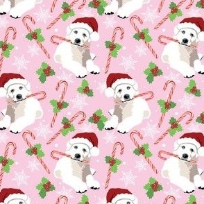 small scale // Great Pyrenees Dog Christmas candy cane Santa hat cute white puppies pink background