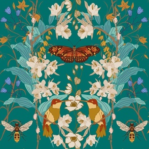Maximalist Botanical Pollinators - hummingbirds, butterflies, bees, florals and botanicals in Teal Green, Gold, and Rust Orange // Large Scale