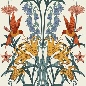 Maximalist Lillies and Pollinators - hummingbirds, butterflies, bees, florals and botanicals in Dusty Blue, Gold, and Rust Orange // Large Scale