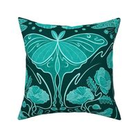 Monochromatic Art Nouveau poppies, dragonflies and lunar moths - teal