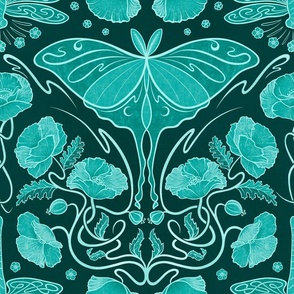 Monochromatic Art Nouveau poppies, dragonflies and lunar moths - teal