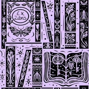 Whimsical library with books. Lavender Purple Black Linocut