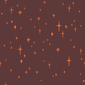 Large Retro Sparkles and Stars in Orange on Rose Ebony #5c393a