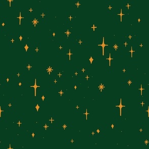 Large Retro Sparkles and Stars in Orange on Dark Green #093d1f