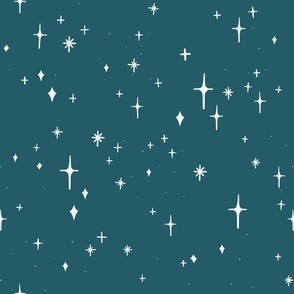 Large Retro Sparkles and Stars in White on Midnight Green #255c66