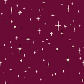 Large Retro Sparkles and Stars in White on Tyrian Purple #690b34