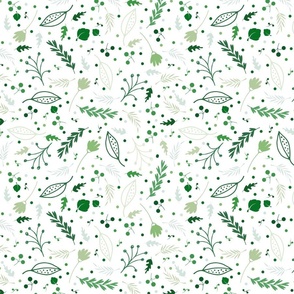 Botanic Ditsy Leaf Floral Green on White Background