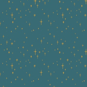 Medium Retro Sparkles and Stars in Gold on Carribbean Current #396a72