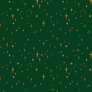 Medium Retro Sparkles and Stars in Orange on Dark Green #093d1f