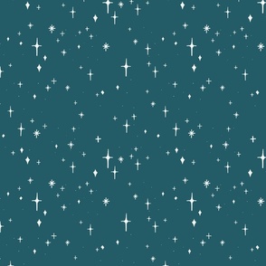 Medium Retro Sparkles and Stars in White on Midnight Green #255c66