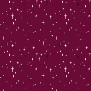 Medium Retro Sparkles and Stars in White on Tyrian Purple #690b34