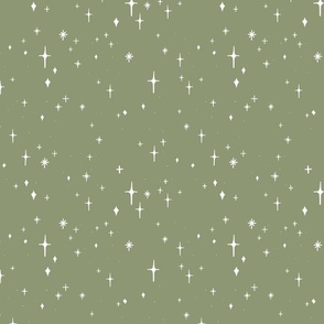 Medium Retro Sparkles and Stars in White on MossGreen #8d9573