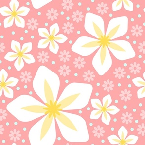 White Hibiscus and Pink Daisies on Pink Background Large Scale