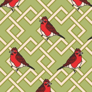 Finch And Trellis-Poppy Red-Ephemeral Cream-Moss-Dark Moss-Woodlands Palette-Large Scale